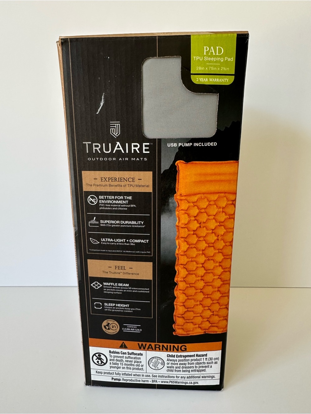 Intex TruAire TPU Sleeping Pad featuring an orange honeycomb waffle-beam Air Mat
